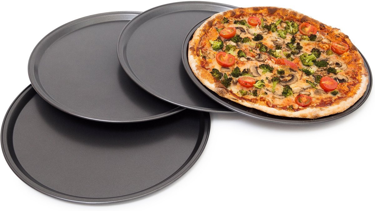 Relaxdays pizza bakplaat set van 4, 4x pizzaplaat 33 cm, bakplaat antiaanbaklaag