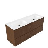 Saniclass Holz Atelier Badkamermeubelset - 140x45x61.5cm - Flow solid surface wastafel wit - 2 wasbakken - zonder kraangaten - 4 lades - mat walnut pure (hout) SW1420812/SW1224151