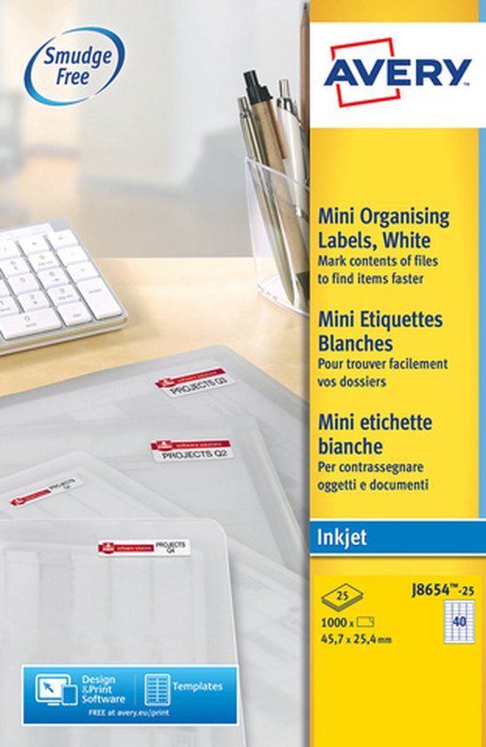 Avery J8654-25 Inkjetprinter Etiket - 45.7x25.4mm - Wit
