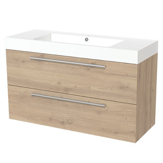 Maxaro Badkamermeubel 120cm Modulo Lichtbruin Eiken 2 lades Vlak Wastafel Mineraalmarmer - 6095817111142