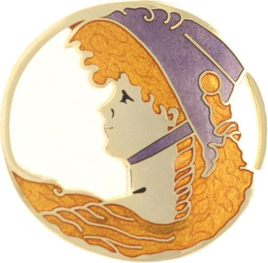 Behave® Dames Broche rond vrouw met hoed silhouet Goud-kleur 4.5 cm