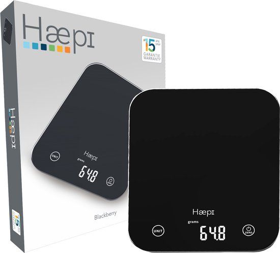 Haepi - Elektronische keukenweegschaal van glas met hoge precisie 5000g/1g, tare-functie, vloeistoffunctie, modern ontwerp, achtergrondverlicht scherm, batterijen inbegrepen, 15 jaar garantie