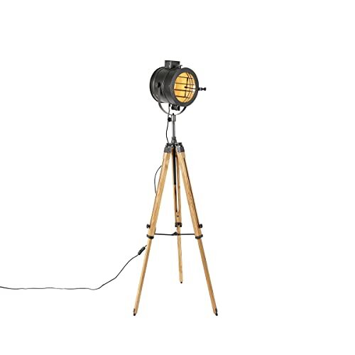 QAZQA - Industrieel Tripod vloerlamp zwart met hout studiospot - Radiant | Woonkamer | Slaapkamer | Keuken - Hout Langwerpig - E27 Geschikt voor LED - Max. 1 x 40 Watt