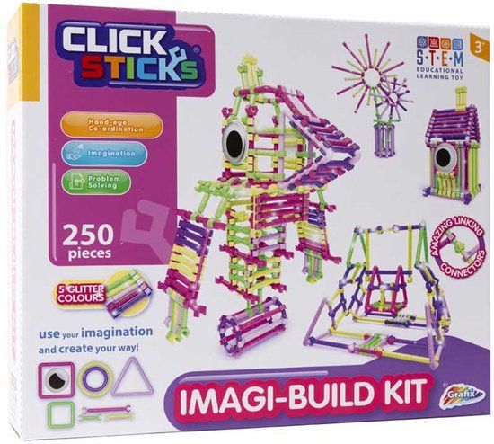 Merkloos CLICKSTICKS 250PCS GLITTER IMAGI-BUILD KIT Educatief spel Nederlands Multicolor