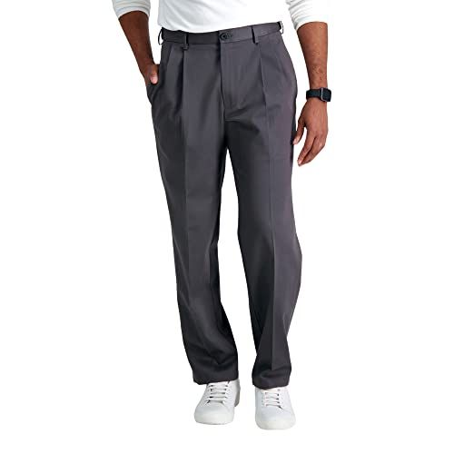 Haggar B&T Men's Premium No-Wrinkle Pants, Classic Fit, Flat Front, Expandable Waist, Khaki Casual Pants, Dark Grey, 32W / 30L