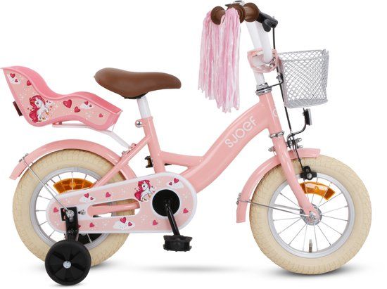 SJOEF Dolly Meisjesfiets 12 inch Roze | Unicorn Design | Kinderfiets met zijwieltjes 2, 3 & 4 jaar | 90-105 Kledingmaat | Roze Fiets 12 inch