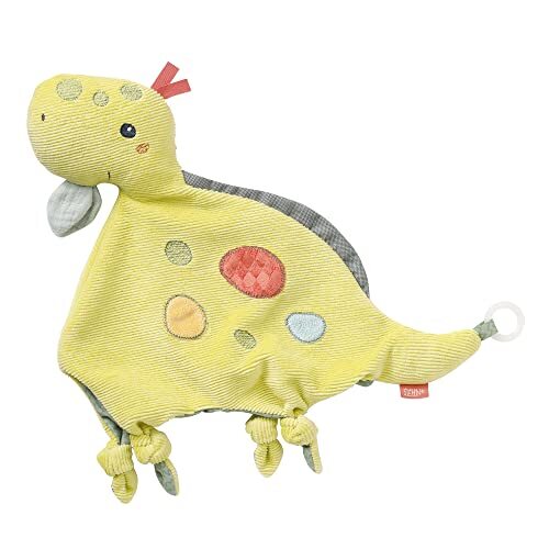 Fehn 051049 knuffeldoek-handpop Dino – speelkamerad, handpop & snuffeldoek met rammelaar & piepen om te knuffelen, grijpen & liefhebben – voor baby's en peuters vanaf 0+ maanden