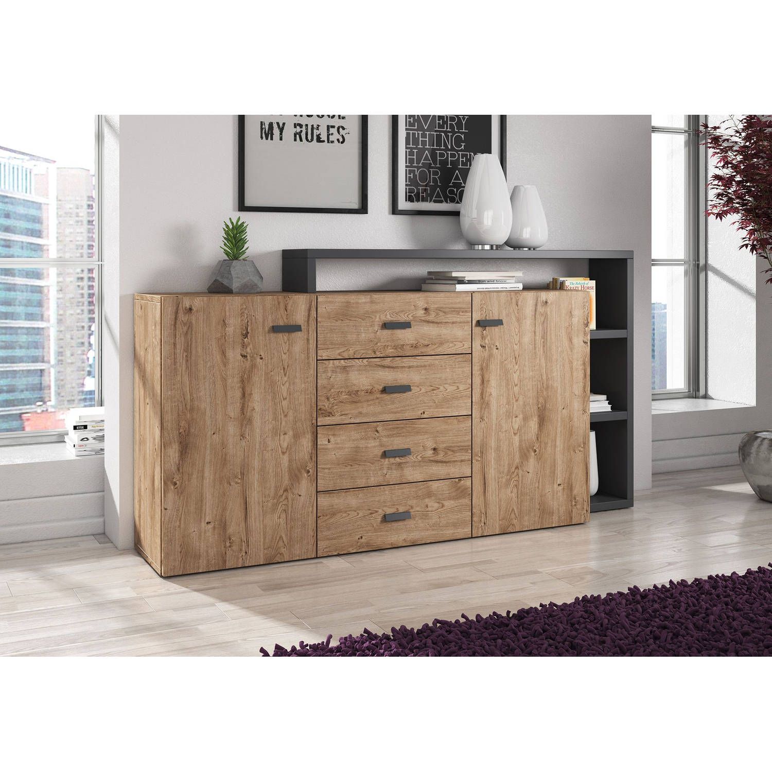 MEUBELLA Dressoir Bello - Eiken & Antraciet - 180 cm