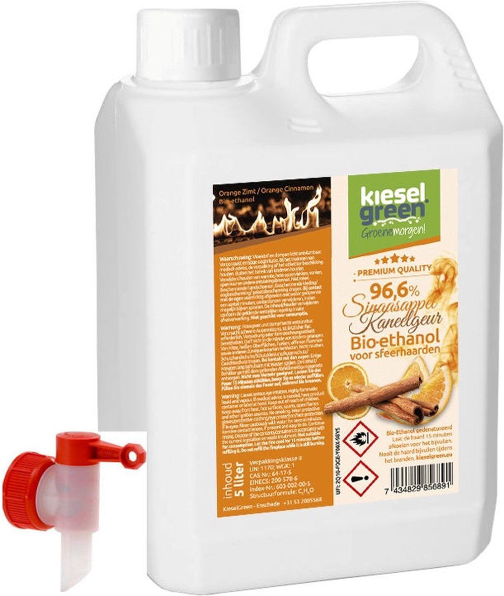 kieselgreen Premium -Bio-ethanol met Sinaasappel & Kaneelgeur- Bioethanol - 100% biobrandstof - 5 liter (incl. dopkraan)