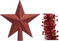 Kaemingk B.V. Décoration de Noël étoile en plastique pailletée 19 cm et guirlandes en feuille d'étoiles, lot rouge