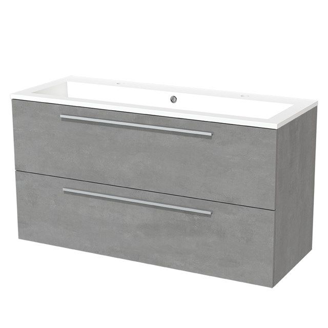 Maxaro Modulo Badkamermeubel - 120cm - Lichtgrijs Beton - 2 Lades - Vlak Wastafel - Mineraalmarmer