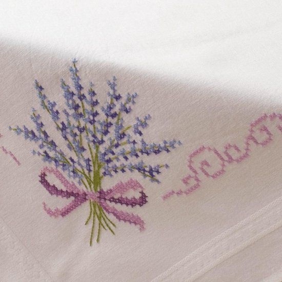 Vervaco Tafelkleed kit Lavendel - Borduurpakket - Wit - 80x80 cm