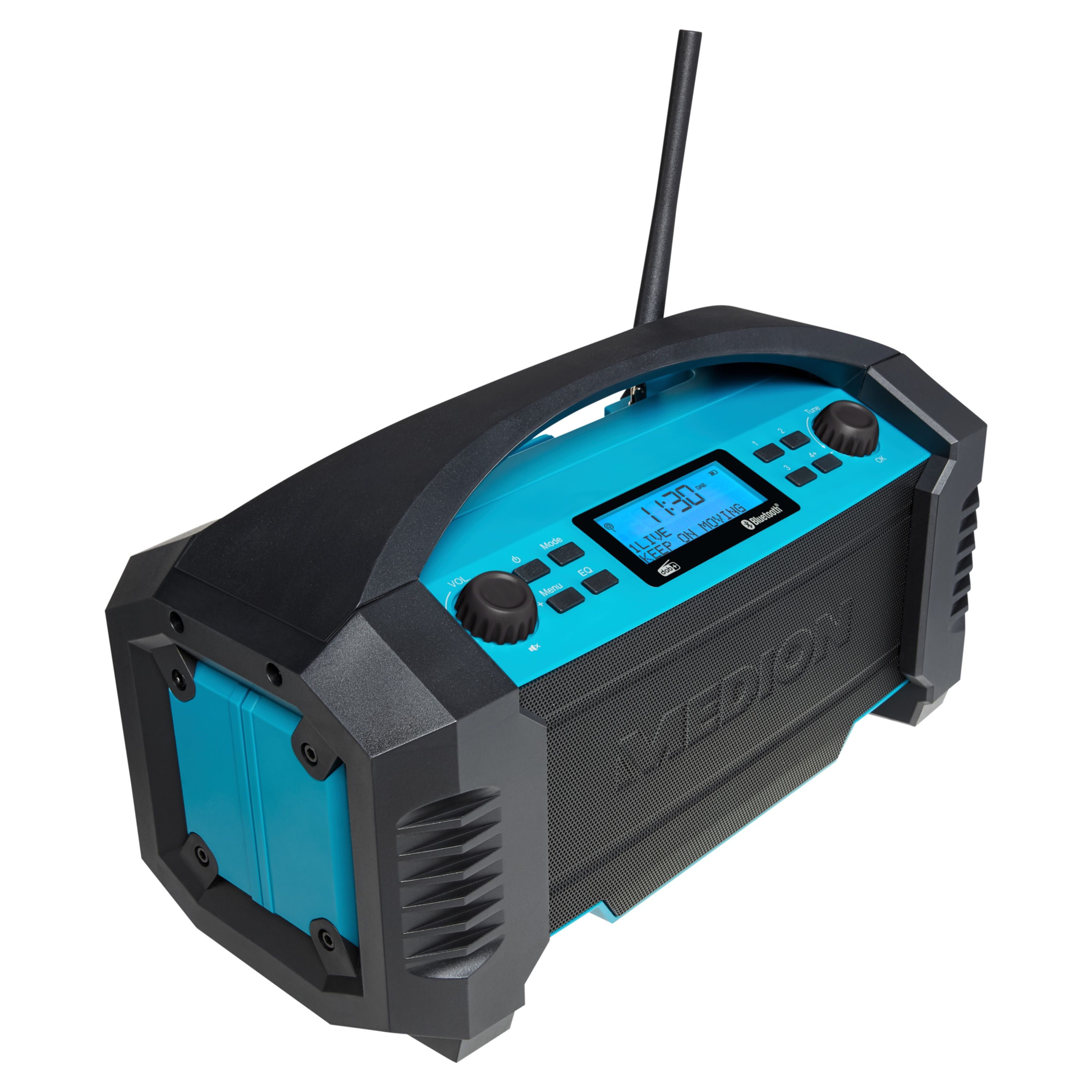 MEDION E66050 DAB bouwplaatsradio (geïntegreerde batterij, IP54-bescherming tegen spatwater en stof, USB-oplaadfunctie, Bluetooth 5.0, PLL FM-radio, LED-werklamp, batterij- of netvoeding) blauw