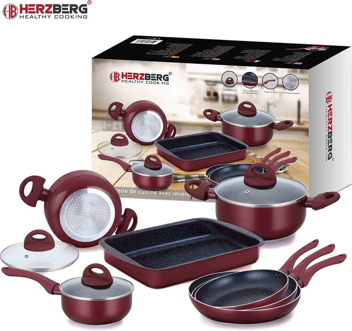 Herzberg HG-9016BR: 10 Stuks Marmer Gecoate Pannenset - Bourgondië