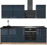 Vicco Complete keukeneenheid Fame-Line, Donkerblauw hoogglans/Goudkleurig Eiken, 230 cm zonder werkblad