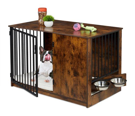 Relaxdays Hondenbench - 65,5x102x60 cm - 2 Draaibare Voerbakjes - Industrieel