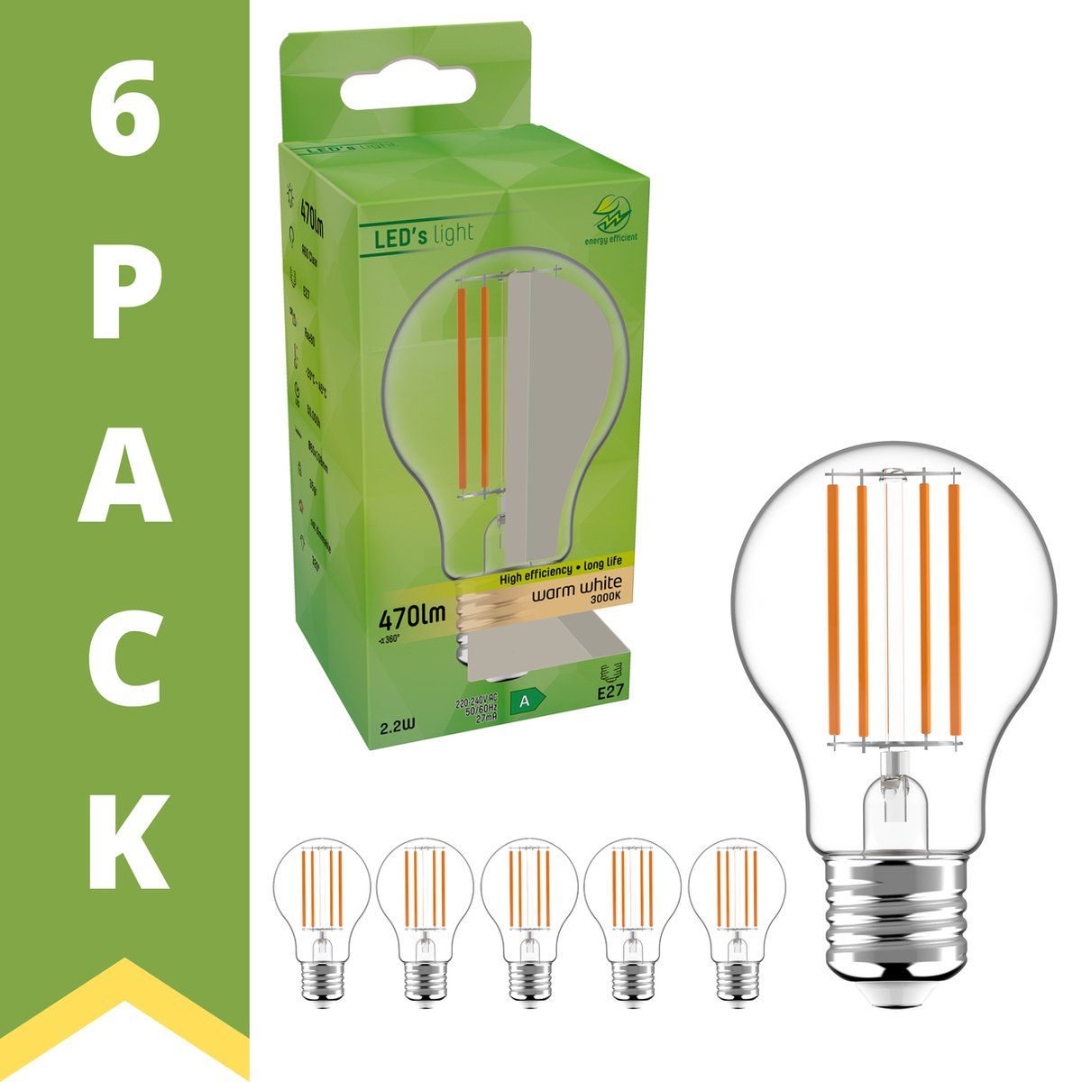 Proventa Elite LED Filament Lamp - 6-Pack - E27 - 2.2W (40W) - 2700K - 25 jaar