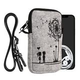 kwmobile Tasje voor smartphones L - 6,5" - Hoesje van vilt in zwart / lichtgrijs - Phone case met nekkoord - Paardenbloemen Liefde design