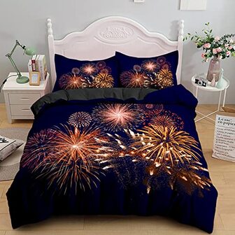 SJSXWQN Eenpersoons Dekbedovertrek Set Blauw Vuurwerk Beddengoed voor Kinderen Eenpersoons Dekbedovertrek met Ritssluiting Zacht Hypoallergeen Microfiber Dekbedovertrek 53 "x 78" + 2 Kussenslopen 19,7 "x 29,6"