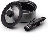 MasterClass Smart Space Set de 5 casseroles avec revêtement antiadhésif, adapté à toutes les sources de chaleur, induction, poignée amovible et couvercle universel, aluminium, argent