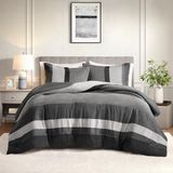 Comfort Spaces Queensize dekbed set, 3-delig luxe microsuede, opgedeeld ontwerp kleurblok strepen beddengoed dekbedsets, alle seizoenen zacht geborsteld microvezel omkeerbaar, bijpassende shams