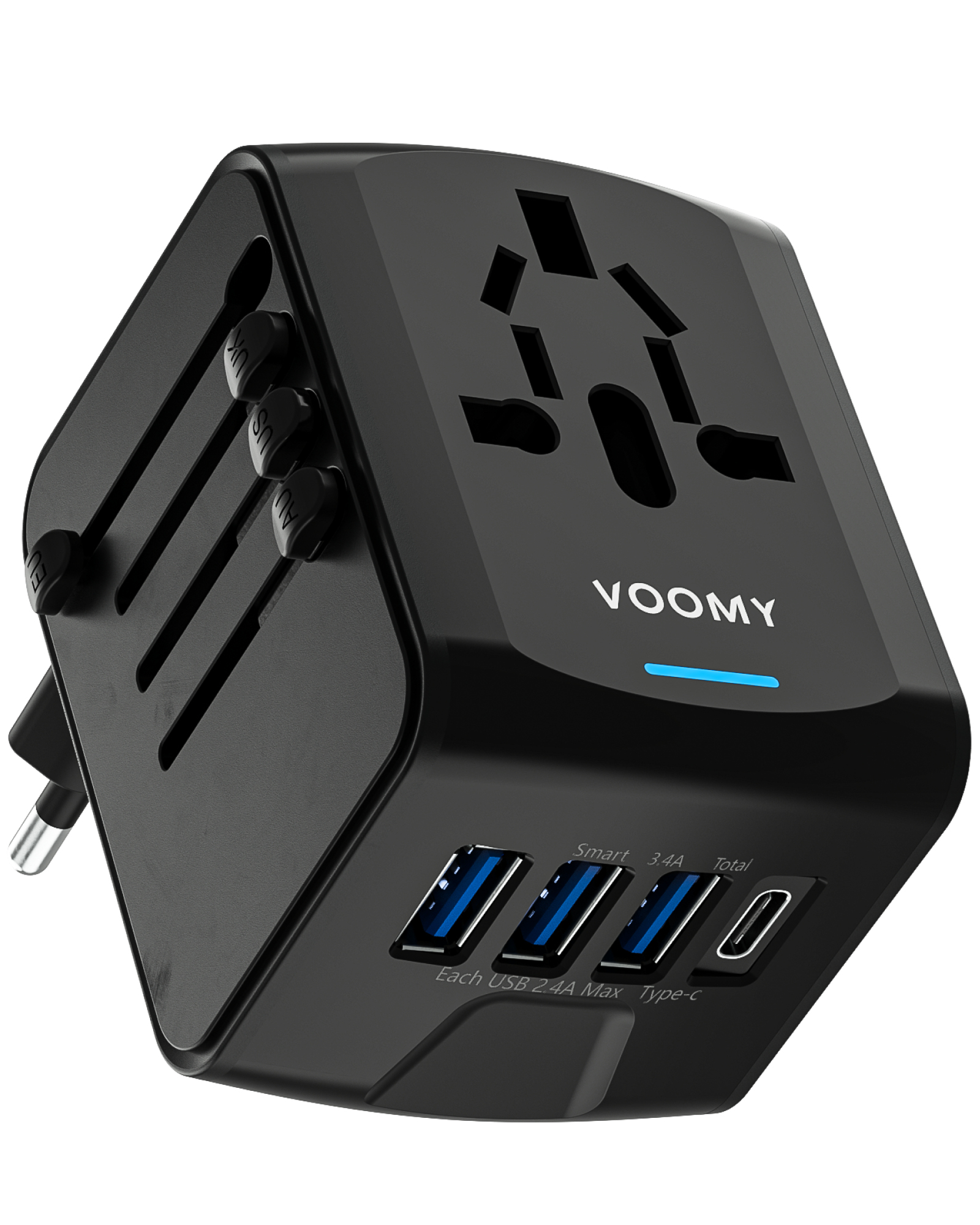 Voomy Universele Wereldstekker - 170+ Landen - 4 USB Poorten - Zwart