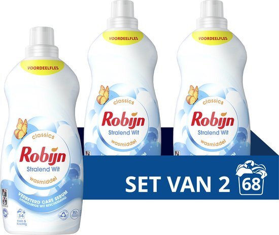 Robijn Klein & Krachtig Classics Vloeibaar Wasmiddel - Stralend Wit - met Care Serum - 2 x 34 wasbeurten