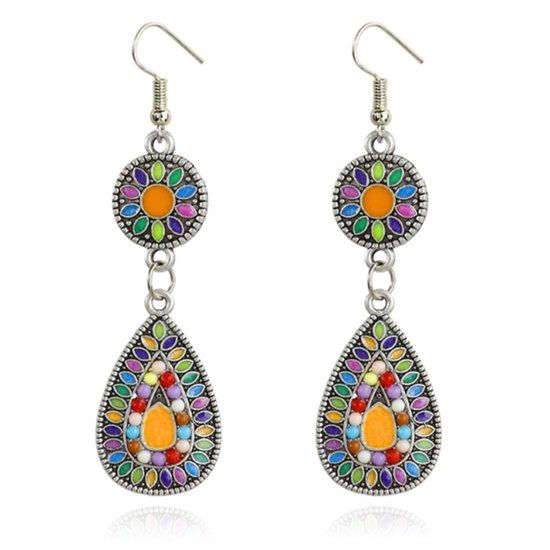 Deja Jewels Lookinggoodtoday Ronde zilverkleurige dames oorhangers druppelvorm multicolor stenen