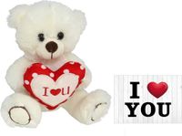 Ger Import Pluche knuffelbeer met I Love hartje - wit/rood - 30 cm - inc. wenskaart