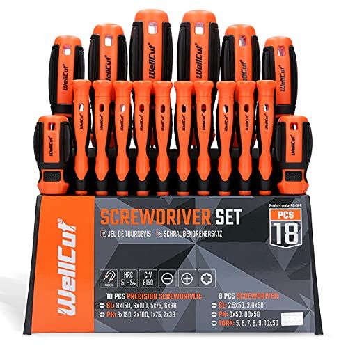 WELLCUT WC-SD18S 18 Stuks Magnetische Schroevendraaier Set met Zachte Grip Handvat Phillips Slotted Tool Bit