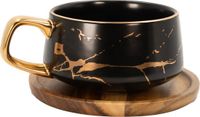 Intirilife Kop keramiek met marmerdesign in Zwart - ongeveer 200 ml - Koffiemok, theemok met houten onderzetter Mok
