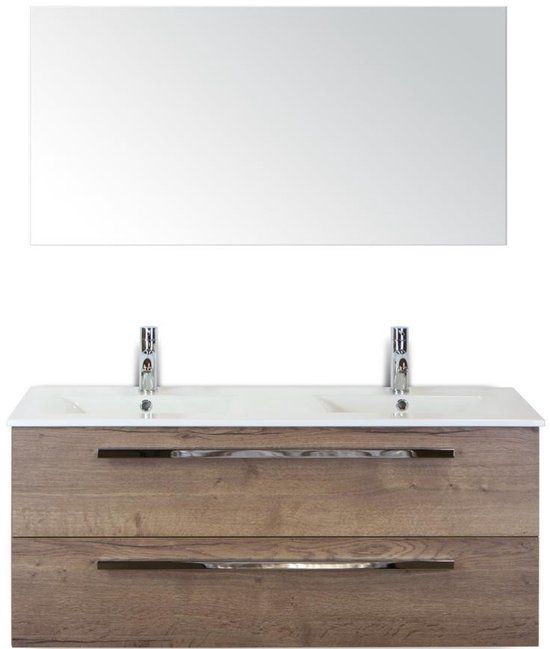 BES LED Seville Badmeubelset 120 cm - 2 Laden Tabacco - Wastafel Enjoy Dubbel met Spiegel