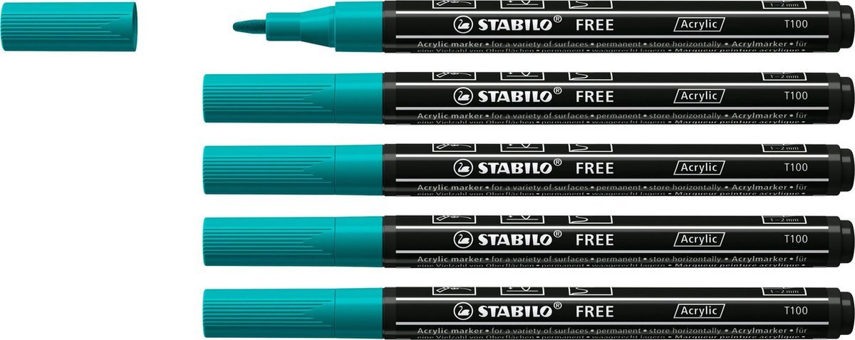 Stabilo FREE - Acryl Marker - T100 - Ronde Punt - 1-2 mm - Turquoise Groen - Doos 5 stuks