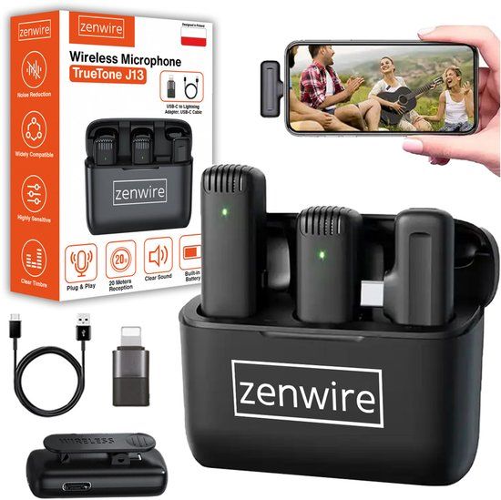 Zenwire TrueTone J13 - Lavaliermicrofoon - Oplaadhoesje USB-C – Bluetooth - WiFi 2.4G - Plug & Play - 360° - USB-C - Lightning - bereik 20 m - 8 uur gebruik