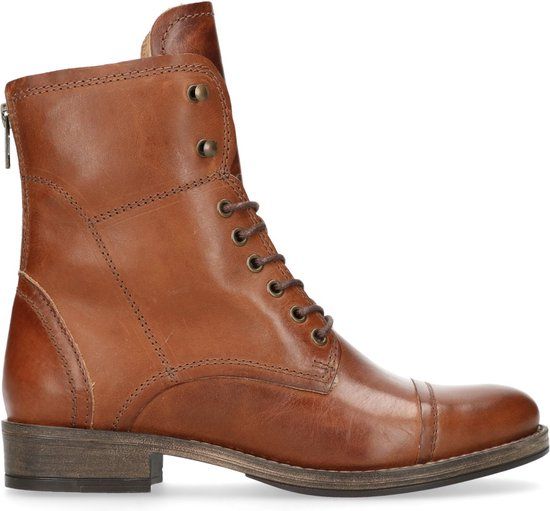 Manfield Dames Cognac Leren Veterlaarzen met Bont Voering Maat 38