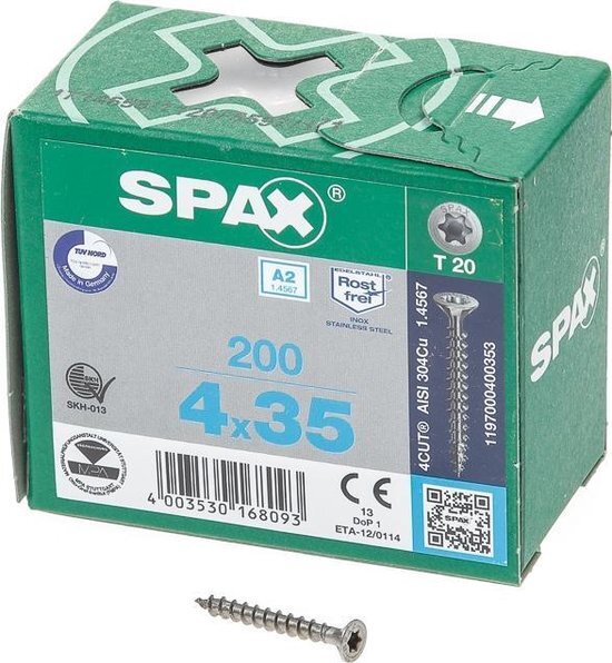 Spax R.v.s. schroef, 4 x 35 mm, 200 stuks, volledig schroefdraad, platkop, T-STAR plus T20, 4CUT, roestvast staal A2 - 1197000400353
