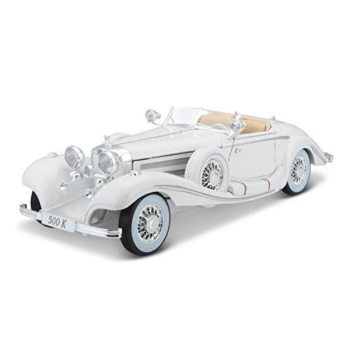 Bauer Spielwaren Maisto Mercedes 500 K Maharadja, modelauto met vering, schaal 1:18, deuren en motorkap beweegbaar, klaar model, stuurbaar, 24 cm, wit (536055)