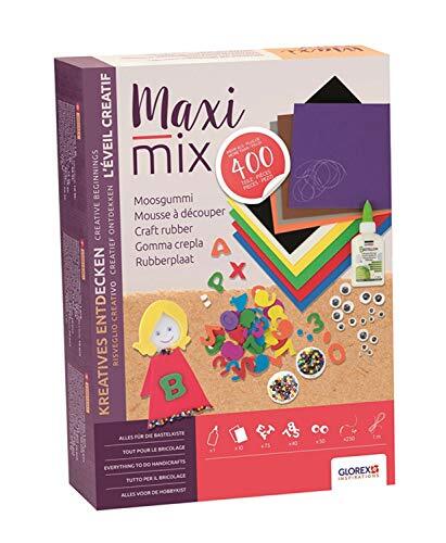 Glorex 6 1214 074 - Creatief - Maxi - Mix Basic, knutselmix bestaande uit 400 delen, met schuimrubber, pompons, chenilledraad, veren, rocailles en wiebelogen Maxi Mix schuimrubber multicolor