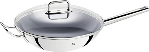 Zwilling Plus Wok, incl. glazen deksel en uitneembaar rooster, met lange greep, geschikt voor inductie, Ø 32 cm, roestvrij staal