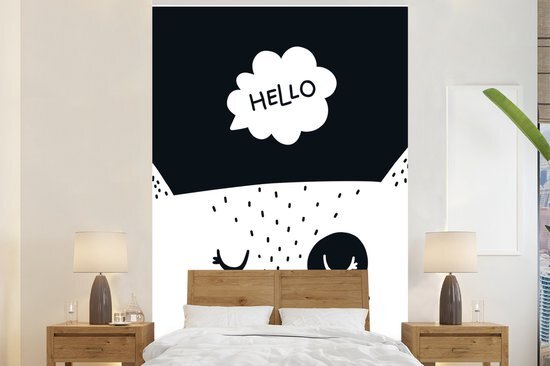 Nr1Wallpaper Behang - Fotobehang Kinderillustratie van een kat met de quote Hello - Breedte 170 cm x hoogte 260 cm