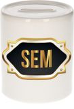 Bellatio Decorations Spaarpot met voornaam Sem - wit - met goud/zwart embleem - 8 x 9 cm - keramiek - met afsluitdop - cadeau verjaardag