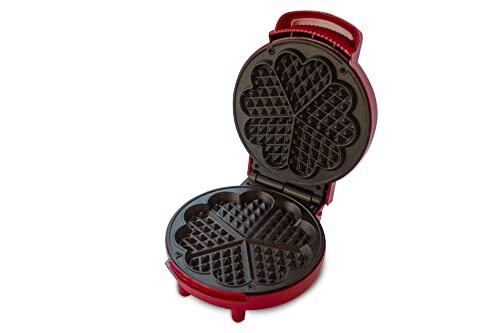 BEHOME Wafelmachine met hartvormige antiaanbaklaag en anti-slip voeten, 1000 W, kleur wit en rood