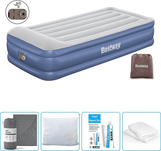 Bestway Luchtbed - 2-Persoons - 97 x 191 x 46 cm - Grijs/Blauw - Inclusief pomp - Hoeslaken - Kussen - Kussenbeschermer en Reparatieset