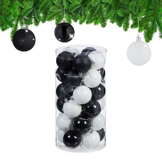 Relaxdays Kerstballen - set van 30 - plastic - Ø 6 cm - onbreekbaar - zwart-wit
