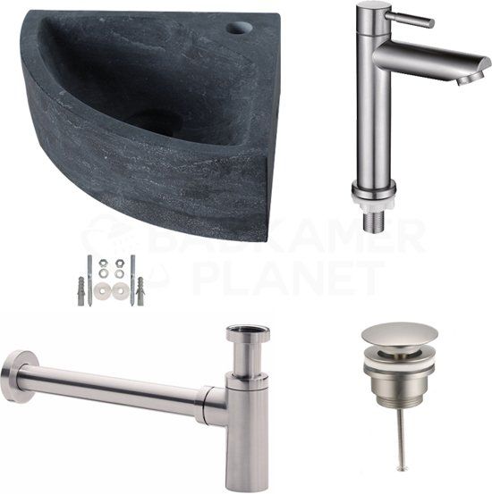 Badkamerplanet Natuursteen Fonteinset Como 30x30x10 cm - Incl. Kraan, Afvoer en Sifon RVS