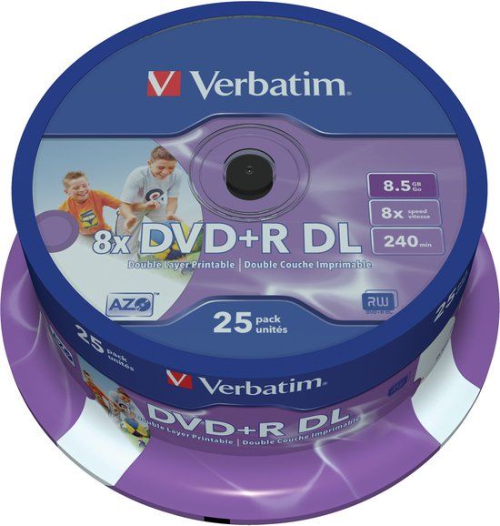 Verbatim DVD+R DL 8,5GB 8X Spindel. 25 Stuk zwart