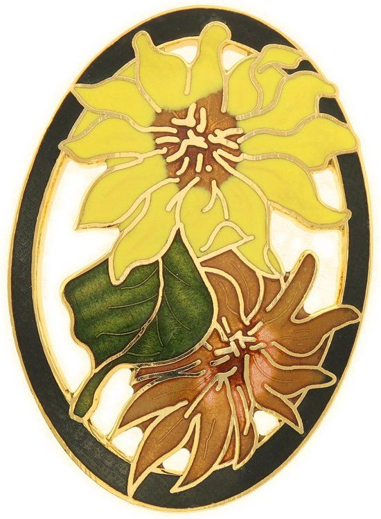 Behave Dames Broche ovaal bloemen geel bruin zwart - emaille sjaalspeld 5 cm