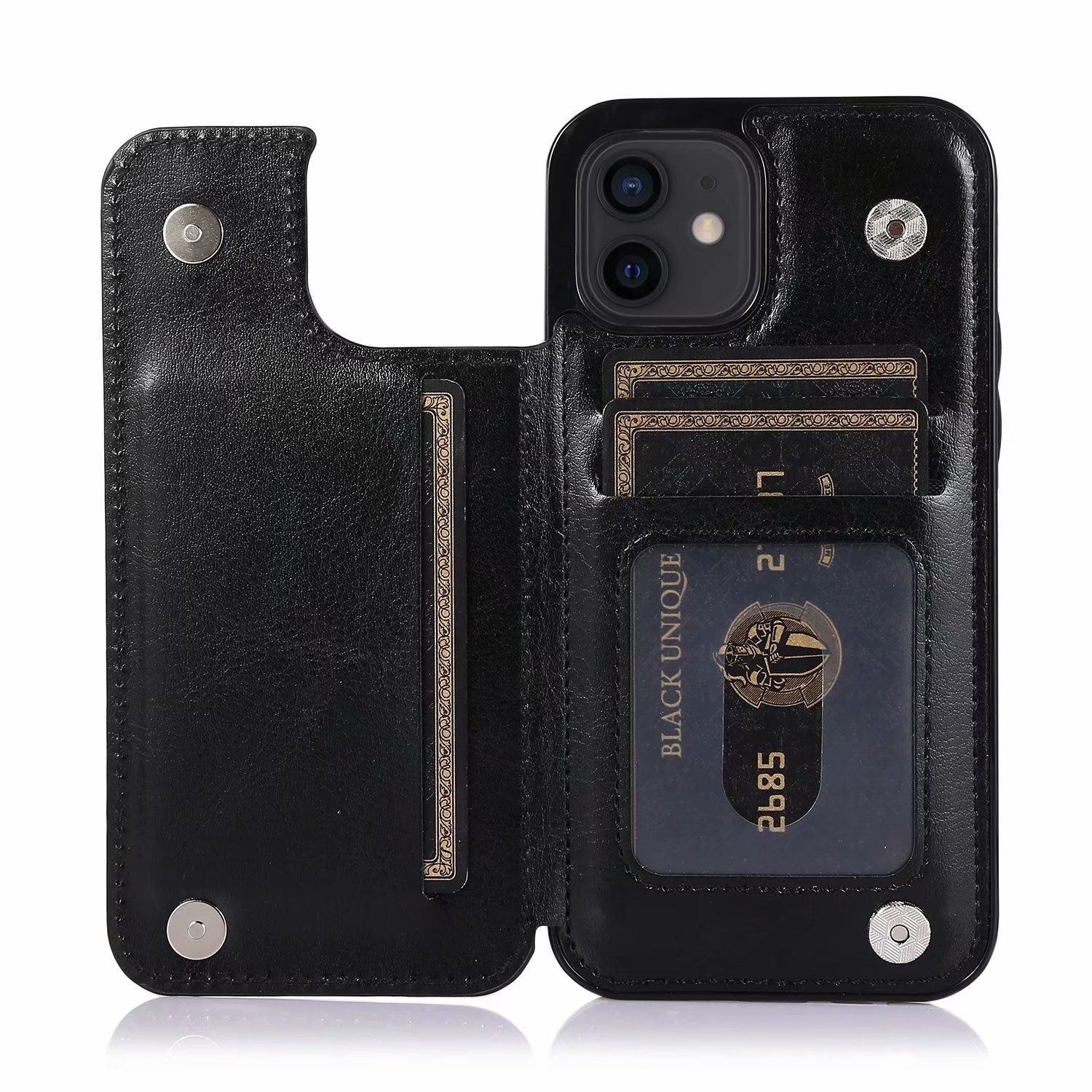 JVS Products iPhone 12 Back Cover - Pasjeshouder - Leer - Zwart