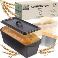 Chefarone Gietijzeren Broodvorm - Broodbakvorm - Cakevorm Rechthoek - Ambacht Brood Bakken - Inclusief Deksel, Spatel en Rijsmand - 35 x 13,5 x 12,5 cm