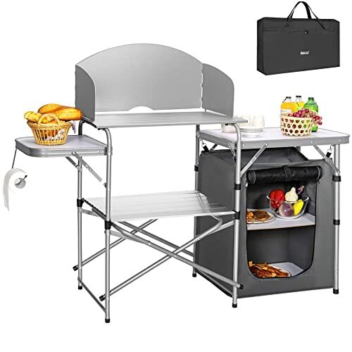 BAKAJI Keukenkast, campingtafel, picknick, compact, draagbaar, opvouwbaar, met aluminium frame, met spatbescherming, transporttas van zwarte stof